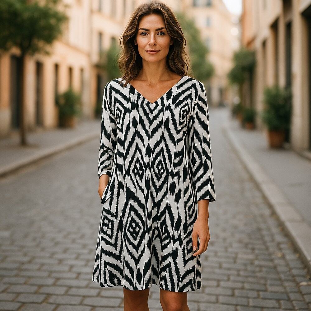 LuLaRoe Womens Dress Size XS Emily Swing Pockets Black White Ikat Print NEW